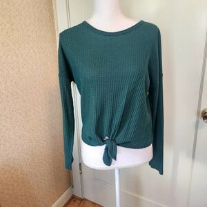 Caution To The Wind | Dark Green Long Sleeve Knotted Top